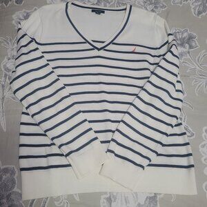 Nautica Cream w/Navy Stripes Cotton V-Neck Pullover Sweater Size Medium EUC